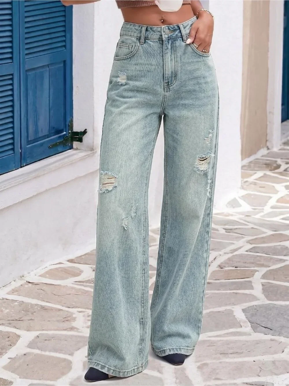 Women's Hole Lght Blue Denim Y2k Straight Leg Button Zip High Waisted Baggy Jean